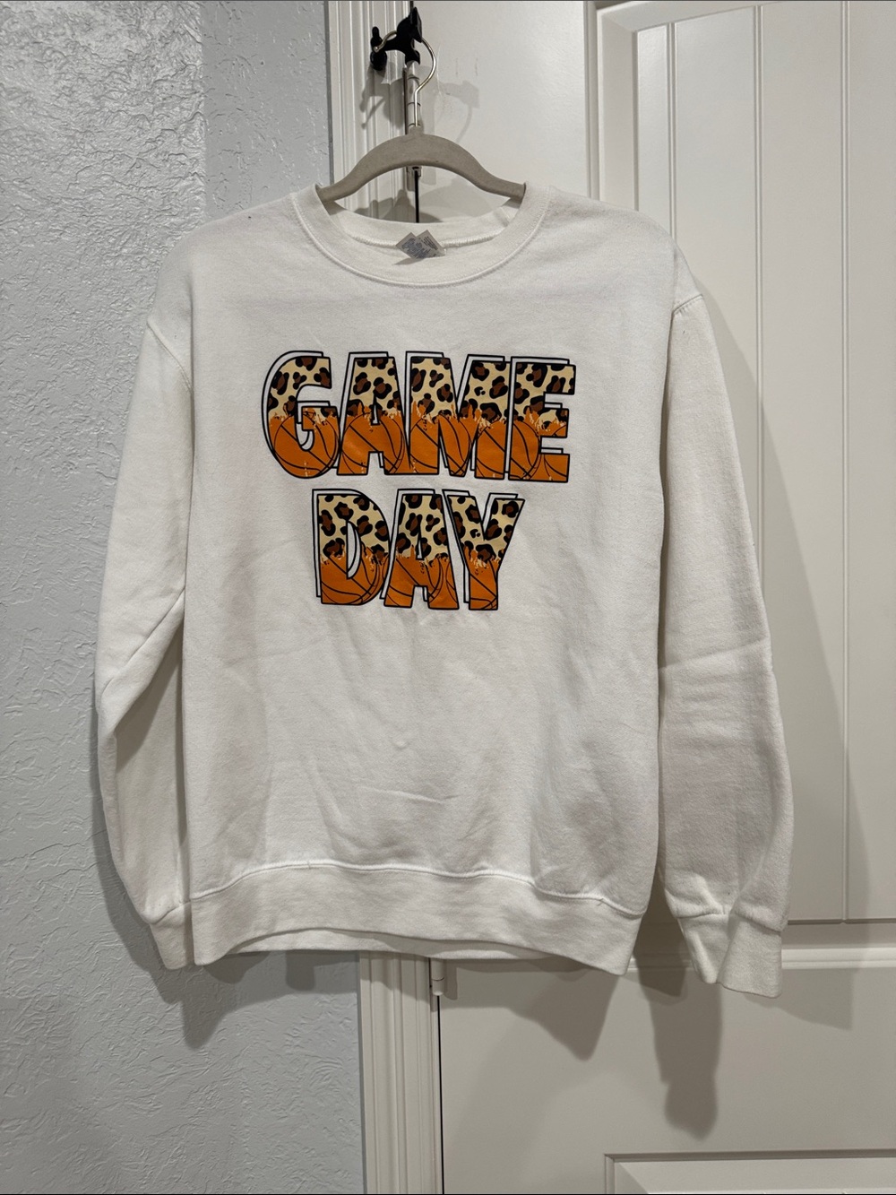 Jerzees White Crewneck Sweatshirt with Orange & Leopard 'GAME DAY' Graphic